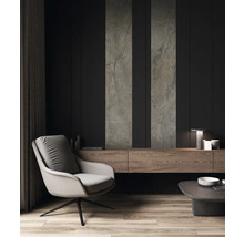 Modernes Wohnzimmer mit Sessel, Lowboard und Akzentwand