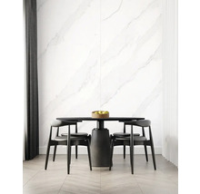 Moderner Essbereich mit rundem Tisch, Stühlen und Wandpaneelen mit Marmoroptik