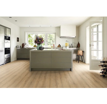 Helle Küche mit Kücheninsel, Edelstahlgeräten und Laminatboden