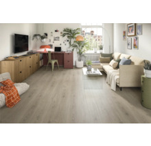 Helles Wohnzimmer mit Sofa, Schreibtisch und hellem Holzboden