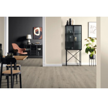 Heller Wohnraum mit Laminatboden, Vitrine und Essbereich.