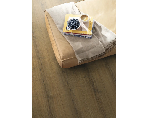 Laminatboden mit Sitzkissen, Decke, Büchern, Blaubeeren und Kaffeetasse