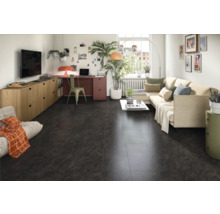 Wohnzimmer mit Sofa, Tisch, Schrank, Schreibtisch, Stuhl und dunklem Boden