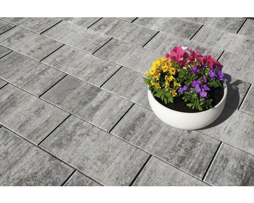 Pflastersteine aus Beton mit Blumen in einem Topf