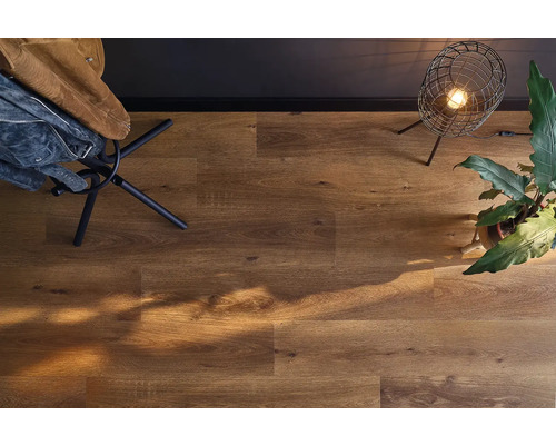 Innenaufnahme eines Raumes mit Laminatboden, Garderobenständer, Lampe und Pflanze.