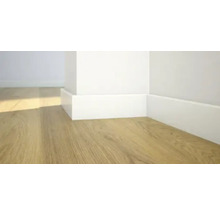 Innenaufnahme eines Raumes mit Holzfußboden und weißen Sockelleisten