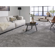 Wohnzimmer mit grauem Teppich, Sofa, Couchtisch und Sessel