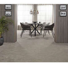 Esszimmer mit Teppichboden, Esstisch und Stühlen.