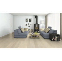 Wohnzimmer mit grauen Sofas, Kaminofen, Couchtisch und hellem Holzboden