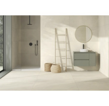 Helles Badezimmer mit Dusche, Waschbeckenunterschrank, Spiegel, Leiter und Dekoration.