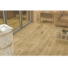 Heller Holzboden in einem Wohnzimmer mit Möbeln und Dekorationen.