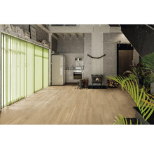 Heller Wohnraum mit Vertikaljalousien, Küche und Kaminofen