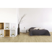 Heller Raum mit Holzboden, Bett, Dekoration und Holzkistenregal