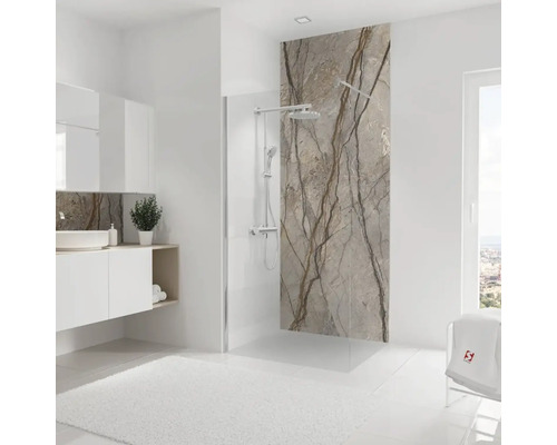 Modernes Badezimmer mit begehbarer Dusche, Waschtisch und Spiegel