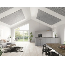 Helles Wohnzimmer mit offener Küche, Akustikpaneelen an der Decke, Sofa und Esstisch