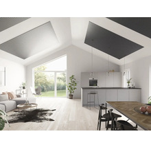 Helles Wohnzimmer mit offener Küche, Deckenpaneelen und moderner Einrichtung