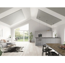 Heller Wohnraum mit offener Küche, Deckenpaneelen und großen Fenstern