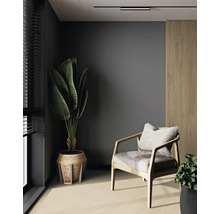 Wohnzimmer mit Stuhl, Zimmerpflanze und Deckenleuchte