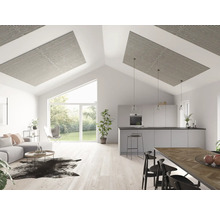 Heller Wohnraum mit offener Küche, Deckenpaneelen, Sitzgruppe und Essbereich