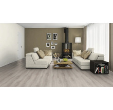 Wohnzimmer mit Laminatboden, Sofa, Kamin und Dekorationen für ein gemütliches Ambiente