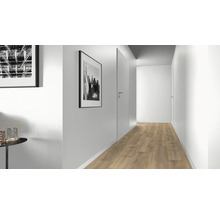 Heller Flur mit Laminatboden, Türen und Wandbildern