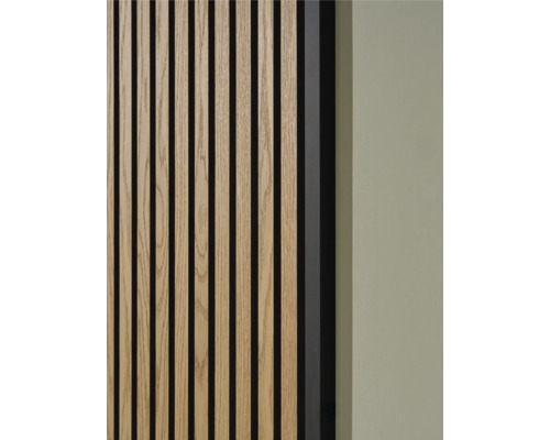 Produktbild 2 (groß) Nahaufnahme einer Holzpaneelwand mit Lattenstruktur und Schallschutz