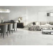 Heller Wohnraum mit Bodenfliesen in Marmoroptik, Esstischgruppe und Wohnzimmerbereich