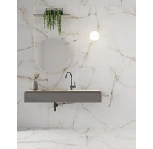 Badezimmer mit Waschbecken, Spiegel, Pflanze und Marmorfliesen