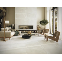 Helles Wohnzimmer mit Sofa, Sesseln und modernem Kamin