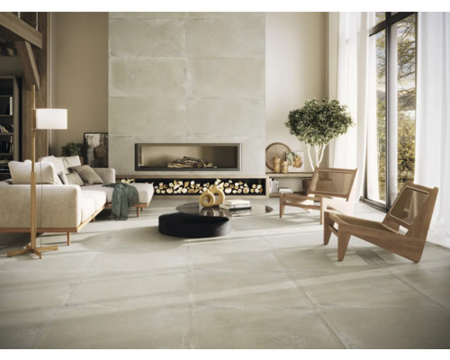 Produktbild 2 (groß) Wohnzimmer mit Sofa, Kamin, Sesseln und großformatigen Fliesen