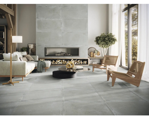 Produktbild 2 (groß) Modernes Wohnzimmer mit Fliesenboden, Kamin und heller Einrichtung