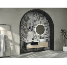 Modernes Badezimmer mit Waschtisch, Spiegel, Handtuchhalter und Pflanzen