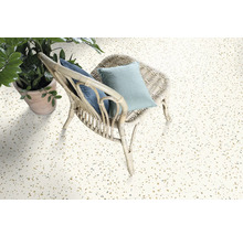 Heller Boden mit Terrazzo-Optik, ein Rattan-Stuhl mit Kissen und eine Zimmerpflanze