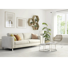 Wohnzimmer mit Sofa, Couchtisch und Wandregal in sechseckiger Form.