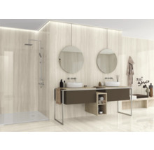 Modernes Badezimmer mit Dusche, Doppelwaschbecken und runden Spiegeln