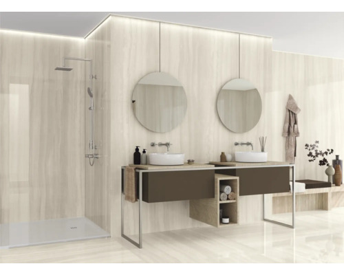 Modernes Badezimmer mit Dusche, Doppelwaschbecken und runden Spiegeln