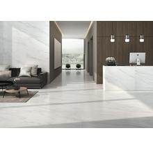 Heller, geräumiger Raum mit Marmorboden, Sofa und Rezeption