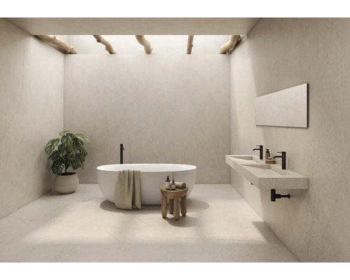 Helles Badezimmer mit Badewanne, Doppelwaschbecken und Zimmerpflanze für eine freundliche Atmosphäre
