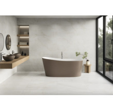 Modernes Badezimmer mit freistehender Badewanne, Waschtischen und Regalen