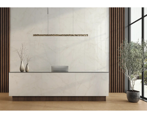 Heller Raum mit Rezeption, Dekoration und Beleuchtung