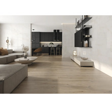 Heller Wohnraum mit Couch, Regalen und Holzboden