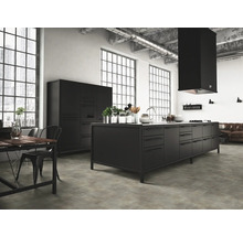 Moderne Küche im Loftstil mit Kücheninsel, Dunstabzugshaube und großen Fenstern