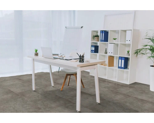 Helles Büro mit Schreibtisch, Stuhl und Regal