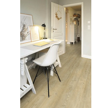 Heller Arbeitsbereich mit Schreibtisch, Stuhl und Holzboden