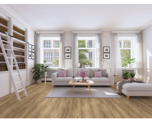 Helles Wohnzimmer mit Bücherregal, Leiter, Sofa und Holzboden