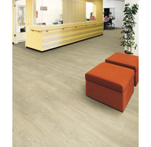 Büro mit hellem Holzboden und orangefarbenen Hockern