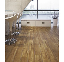 Innenraum mit Holzboden, Barhockern und Fensterfront