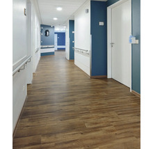 Flur mit Holzboden, weißen Türen und blauen Akzentwänden