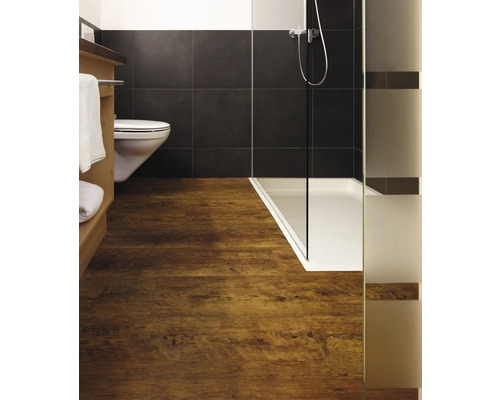 Badezimmer mit Dusche, Toilette und Holzfußboden