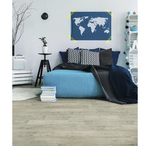 Schlafzimmer mit Bett, Weltkarte und Holzboden